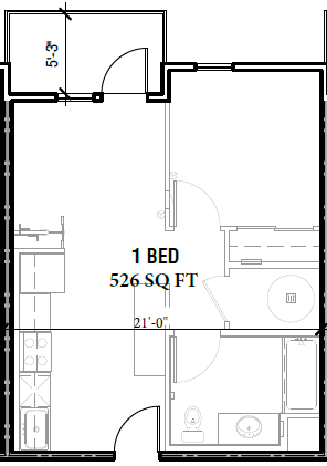 Floor plan for 1 bed, 1 bath, 514 sqft